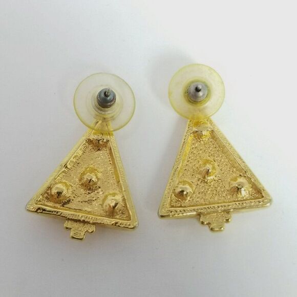 Vintage Christmas Tree Stud Earrings, Gold Tone Colorful Rhinestones, Estate - Picture 3 of 6